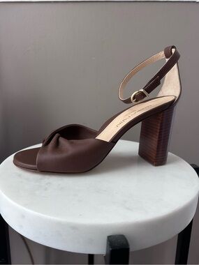 Women's Chocolate Brown Leather and Wood Block Heel Sandal with Ankle Strap